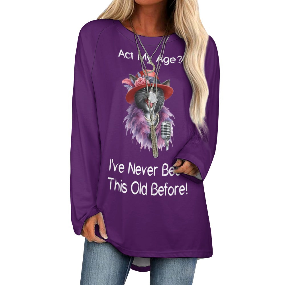 Cat-Themed Act My Age Long Crew Neck Long Sleeve Shirt
