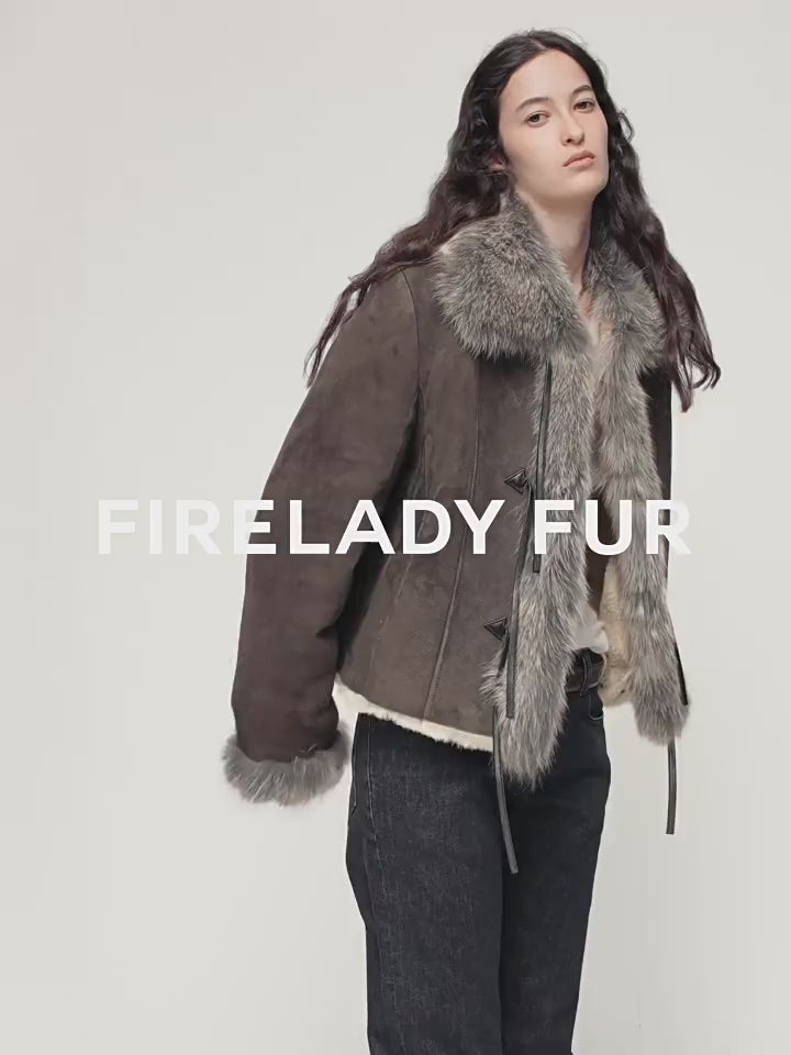 Fireladyfur Women's Shearling Coat - Imported Merino Wool Patchwork Fox Fur Collar Florence