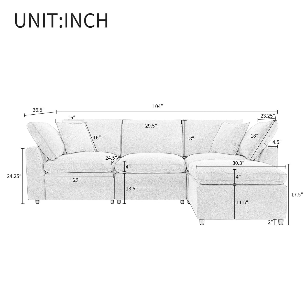 Down Filled Upholstery Convertible Sectional Sofa, L Shaped Couch With Reversible Chaise