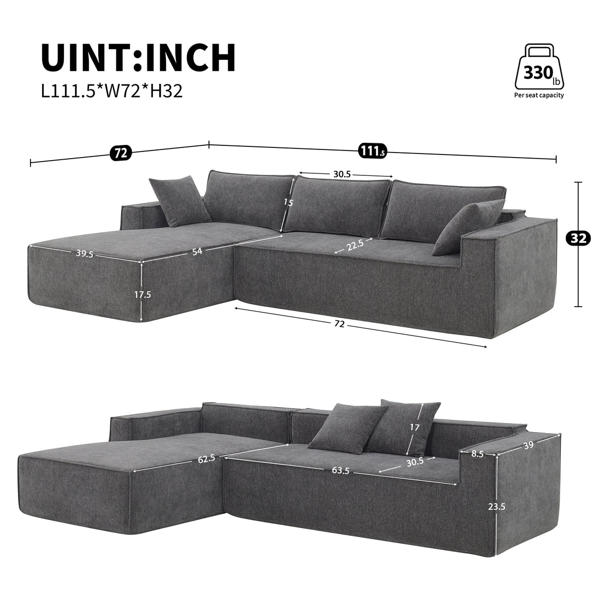 111.5*72"Minimalist Style Modular Sectional Sofa,Wrinkle-Resistant Chenille Couch Set,L-Shaped Sleeper Sofa Bed for Livi