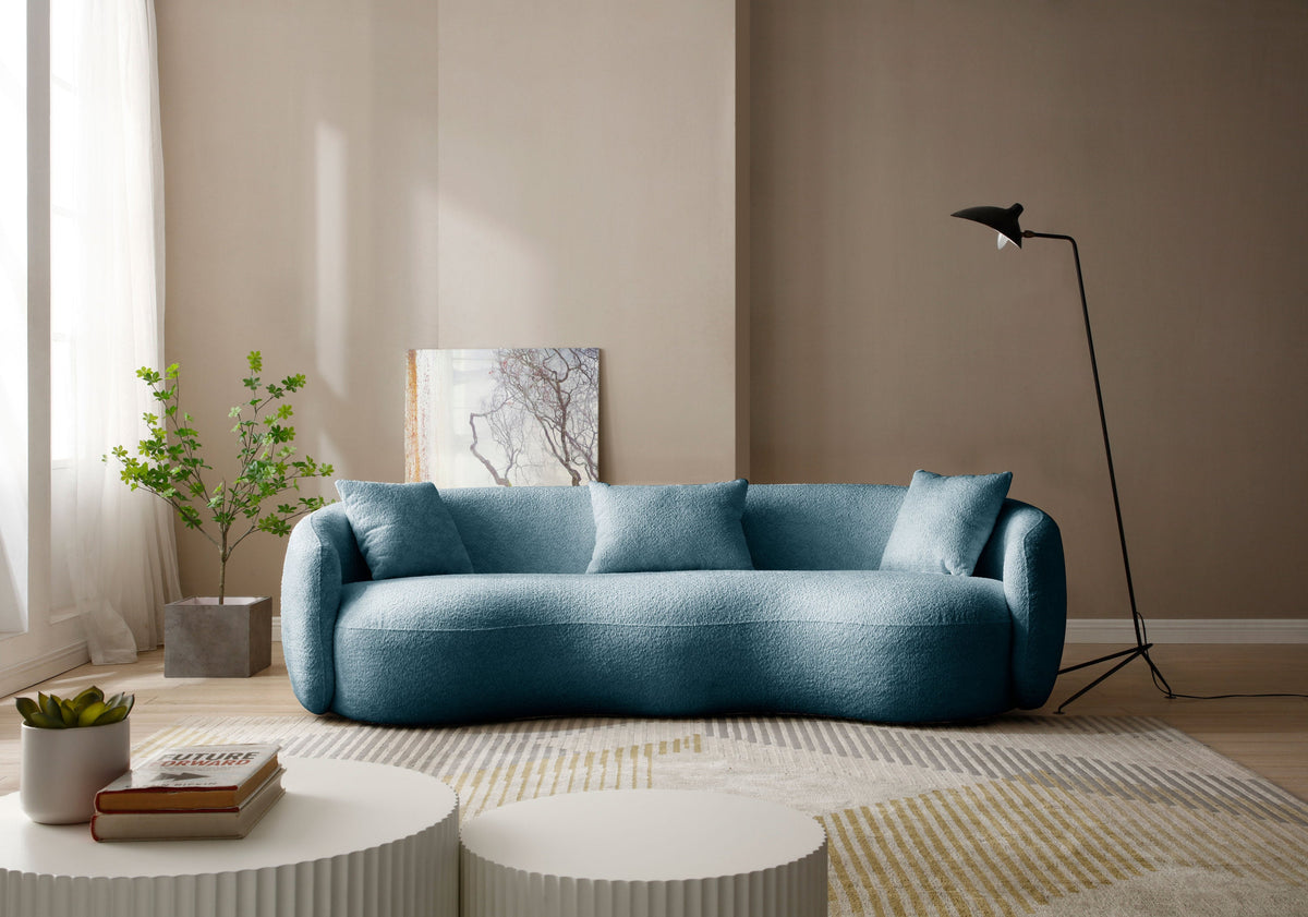 Sofá curvo moderno de 93.6 pulgadas, sofá de tela boucle para dormitorio, oficina, apartamento, azul