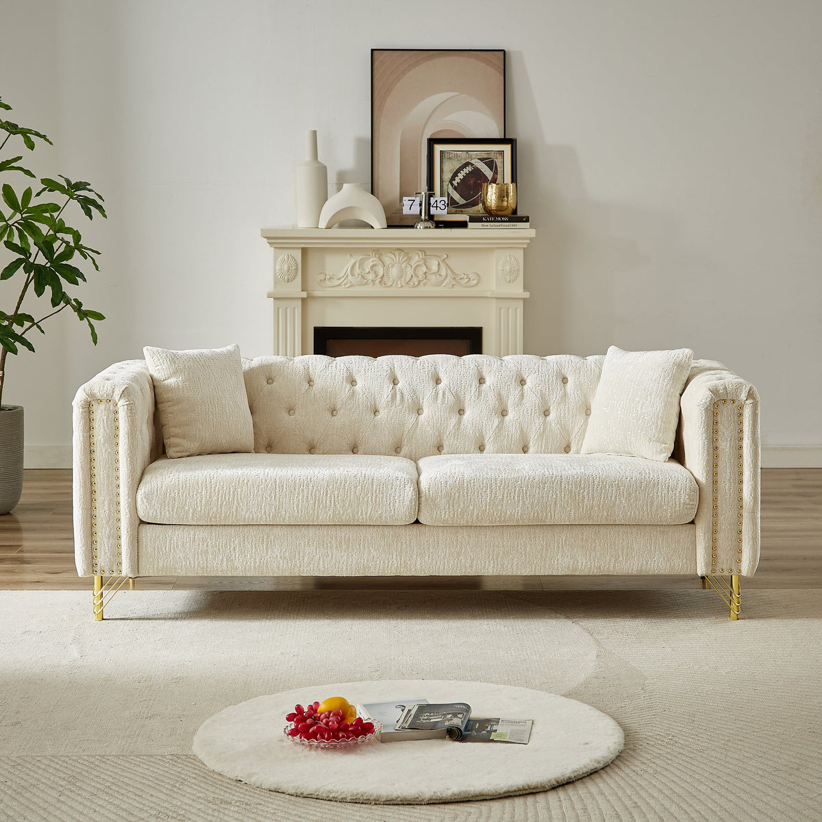 82-tums soffa i chenille med dragspännesdesign för vardagsrum, knapptuftad med kopparnagelsdekoration på armstödet, modern soffa