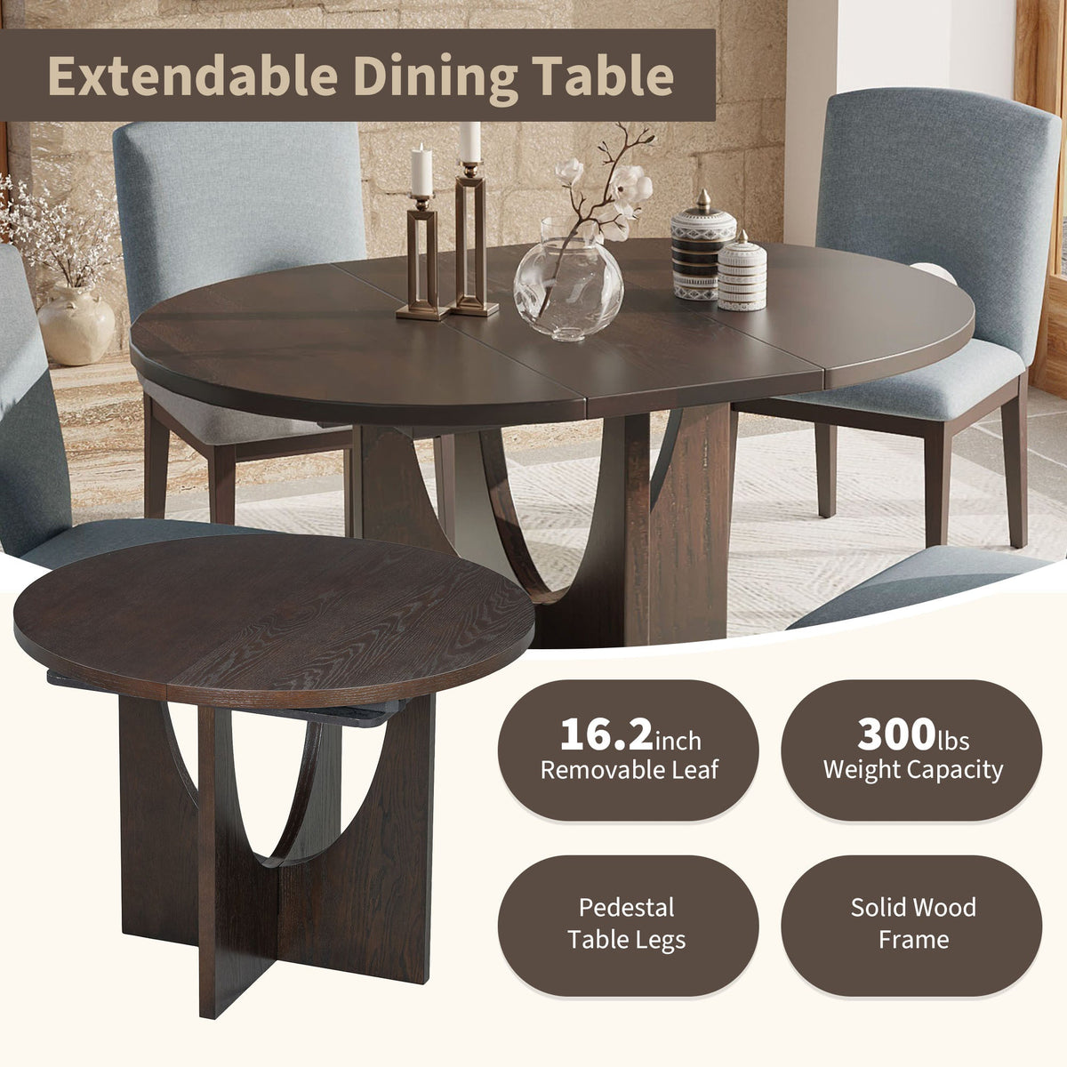 Modern 5-Piece Extendable Round Dining Table Set With 16.2inch Removable Leaf for Small Places, Espresso+Gray