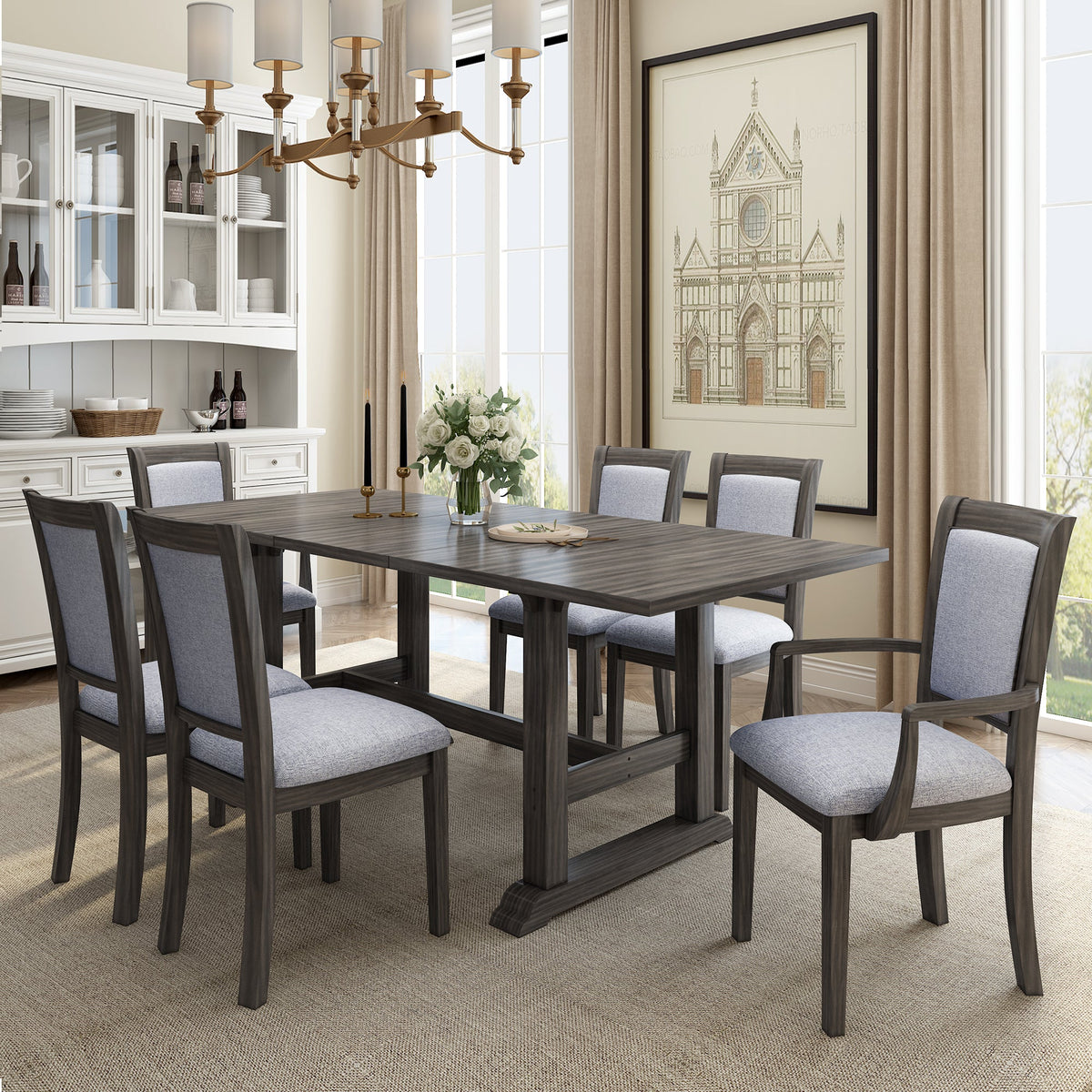 7-Piece Updated 76.9inch Extendable Trestle Dining Table Set With Removable Leaf, Kitchen Table Set With Upholstered Sid