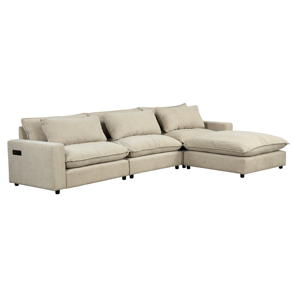 128" Sectional Sofa Cloud Sofa Chenille Upholstered Sofa  Couch With Movable Ottoman, Comfortable Seat Cushions, Chargin