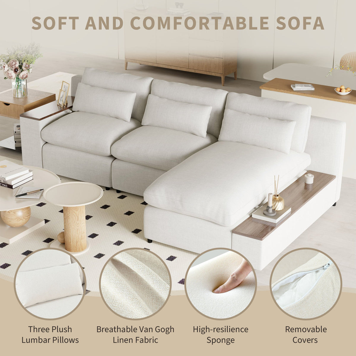 Sofá modular en forma de L con cojines de respaldo extraíbles, 3 almohadas y 2 espacios de almacenamiento, adecuado para salas de estar, ofi
