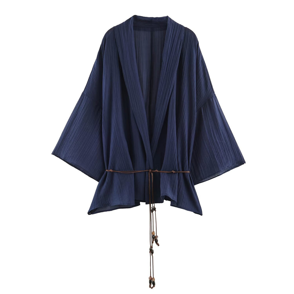 Loose semi transparent pleated effect jacket+pants set for women