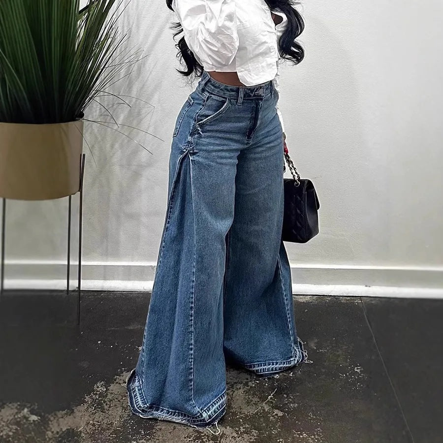 Loose Wide Leg Jeans Stitching Bell-Bottom Pants Tassel Trousers