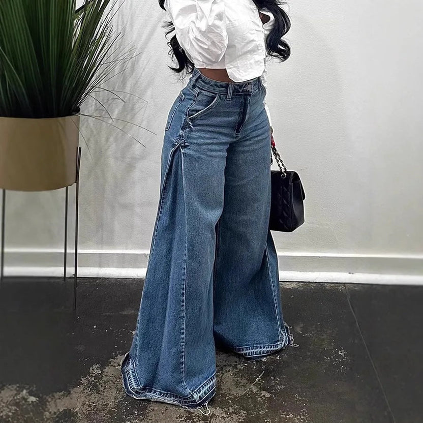 Jeans de pierna ancha sueltos con costuras, pantalones acampanados y flecos