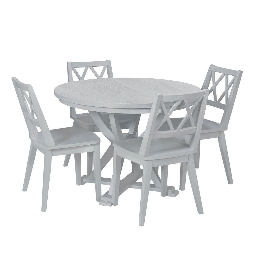 Mid-Century 5-Piece Extendable Round Dining Table Set With 15.7" Removable Leaf and 4 Cross Back Dining Chairs, Grey