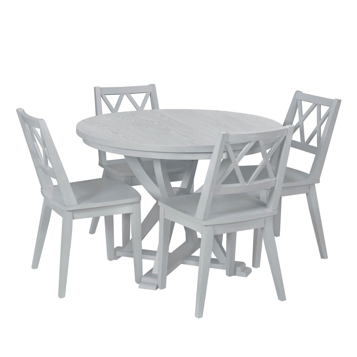 Mid-Century 5-Piece Extendable Round Dining Table Set With 15.7" Removable Leaf and 4 Cross Back Dining Chairs, Grey