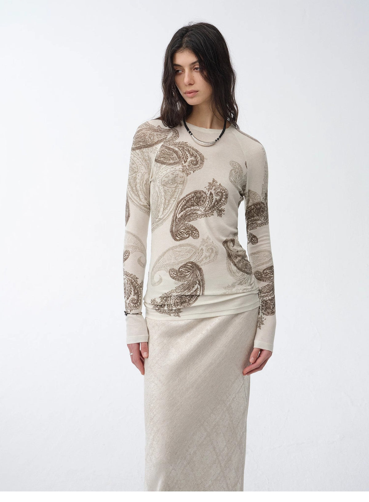 Tencel Wool Original Cashew Print Round Neck Slim Long Sleeve and Skirt"Vintage Gene"