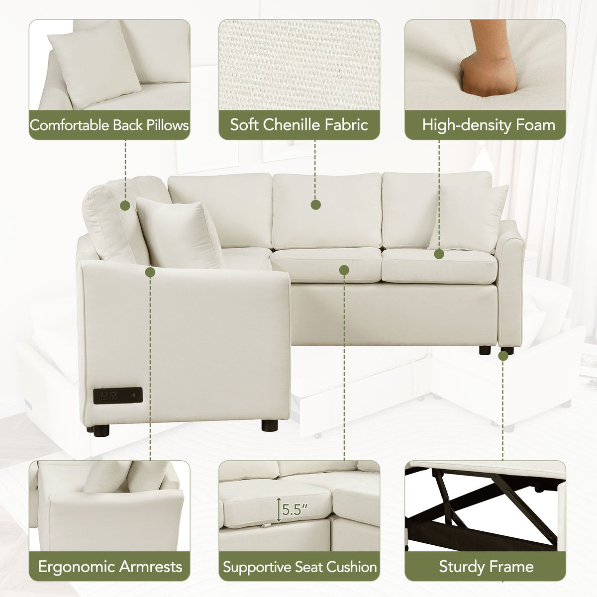 124.8"l-Shaped Sofa Convertible Sofa Bed Pull Out Sofa Sleeper With Two Back Pillows, Two USB Ports and Two Power Socket