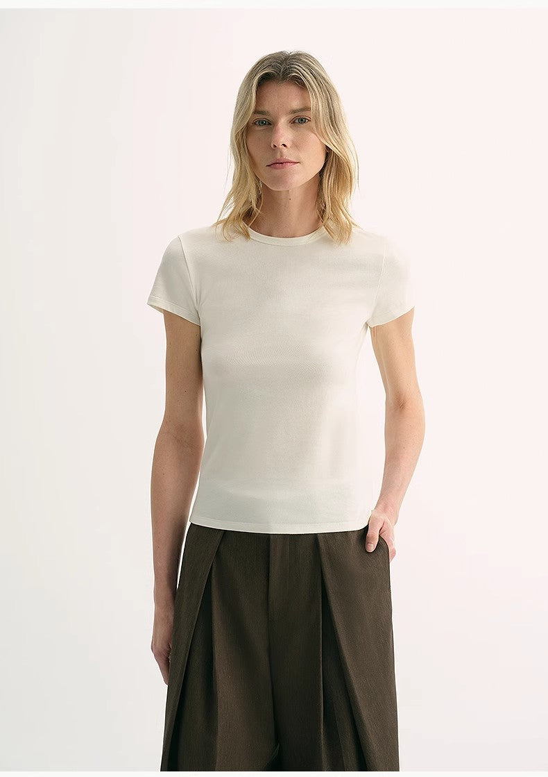 LINDIS Wool Mulberry Silk Classic Short-Sleeved Round Neck T-Shirt for Women