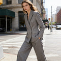 Grey Sequin Stripe Linen Blend Blazer & Wide Leg Pants Two-Piece Suit