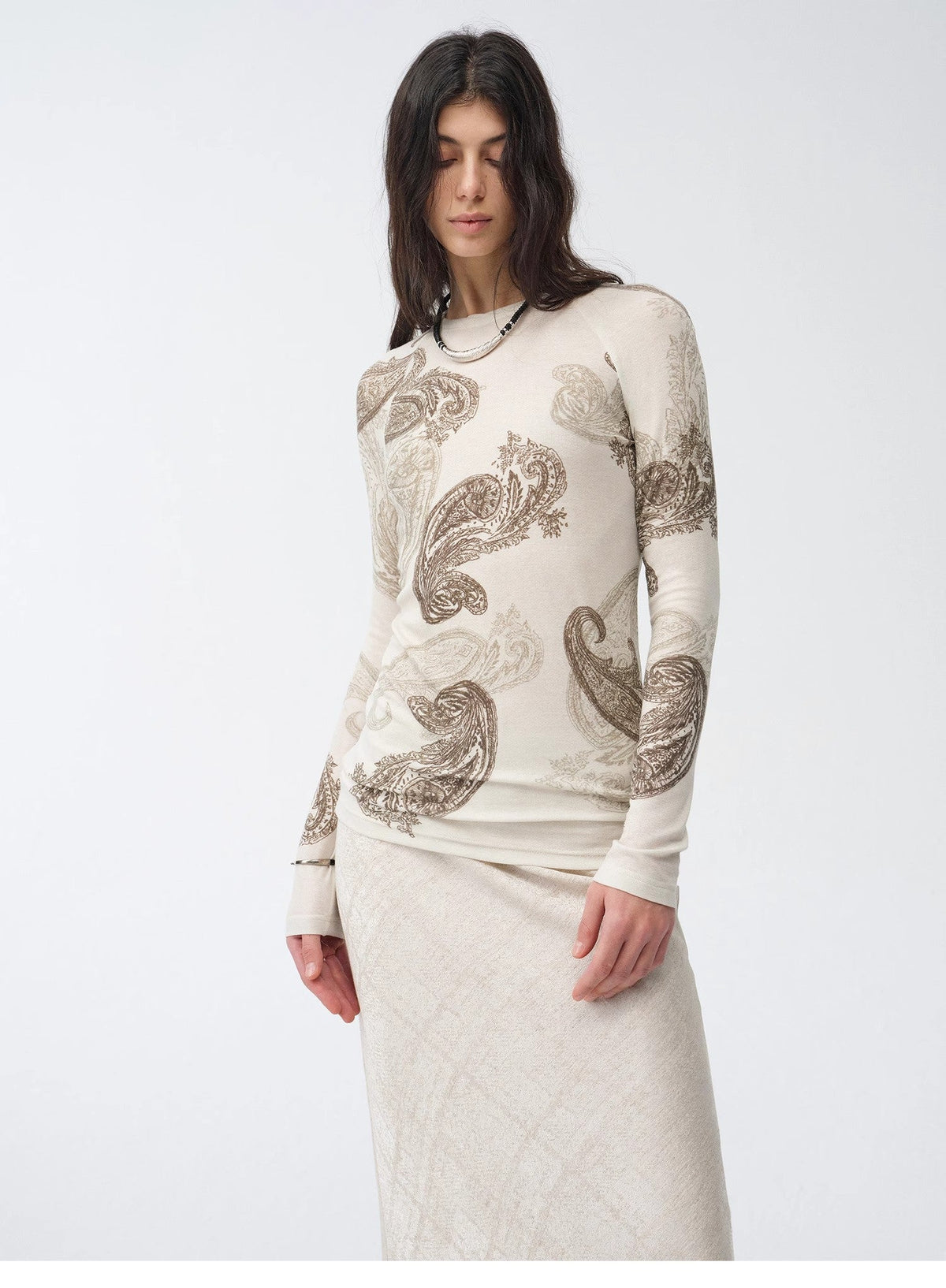Tencel Wool Original Cashew Print Round Neck Slim Long Sleeve and Skirt"Vintage Gene"