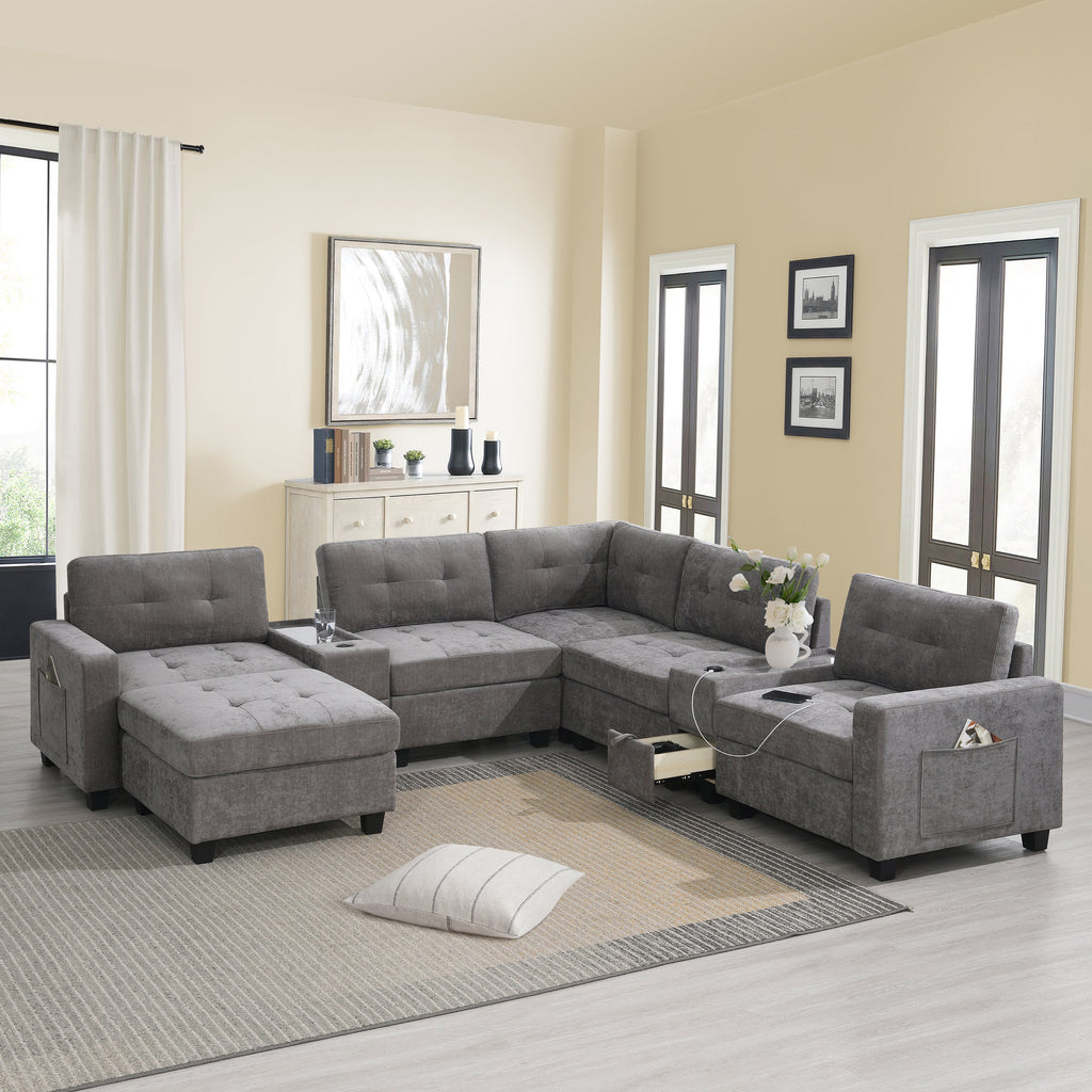 104'' Sectional Sofa With Acrylic Table Top,Chenille U Shaped Couch Set With 2 Consoles,USB Charger,Storage Drawers and