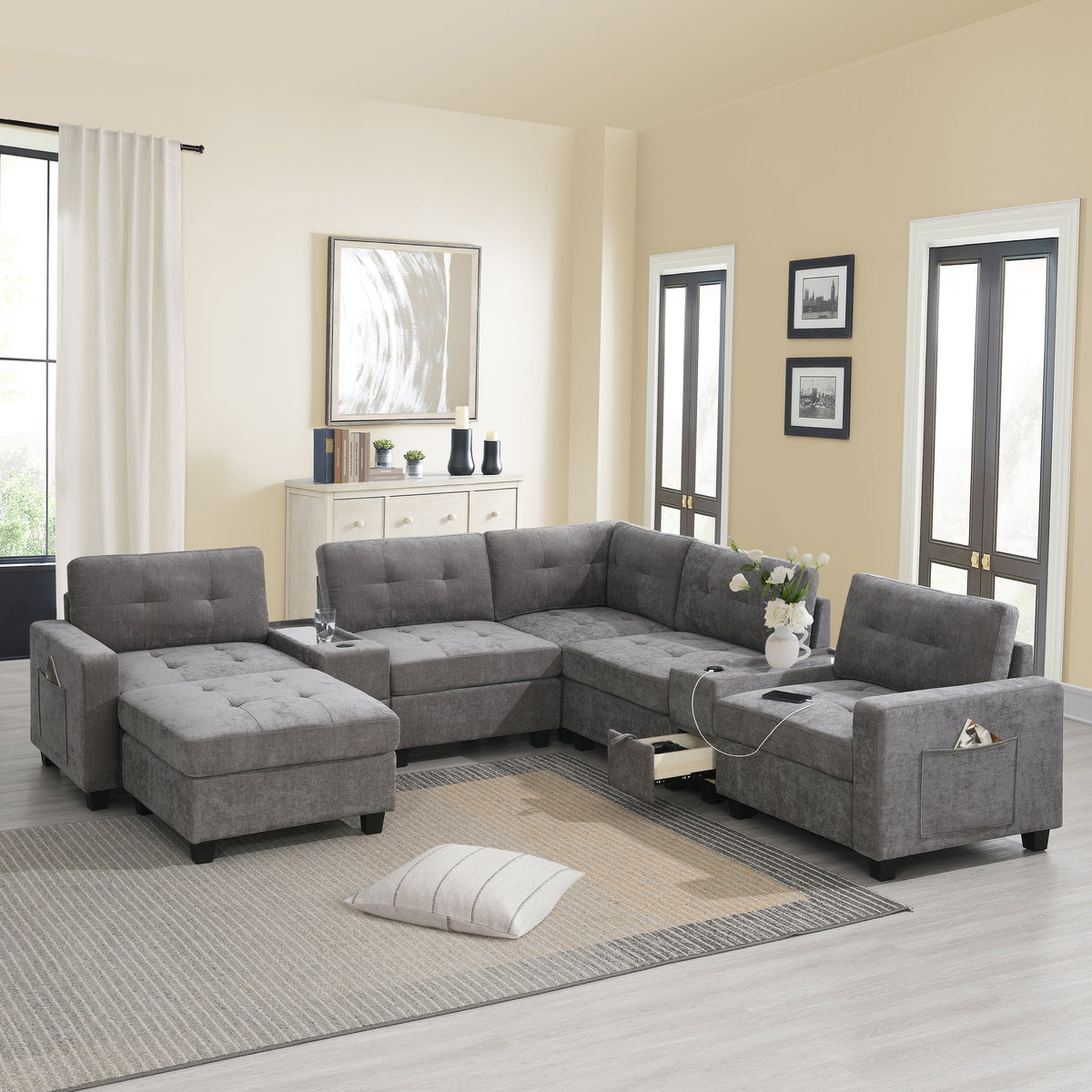 104'' Sectional Sofa With Acrylic Table Top,Chenille U Shaped Couch Set With 2 Consoles,USB Charger,Storage Drawers and