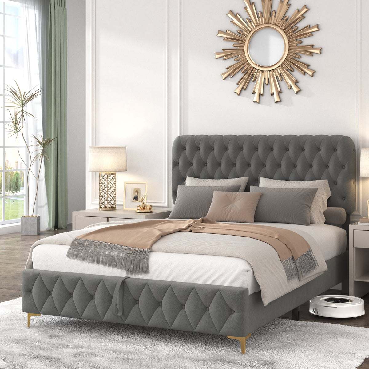 Estructura de cama matrimonial (Queen) con función hidráulica neumática, cama tapizada en terciopelo con botones capitoné profundos, almacenamiento elevable
