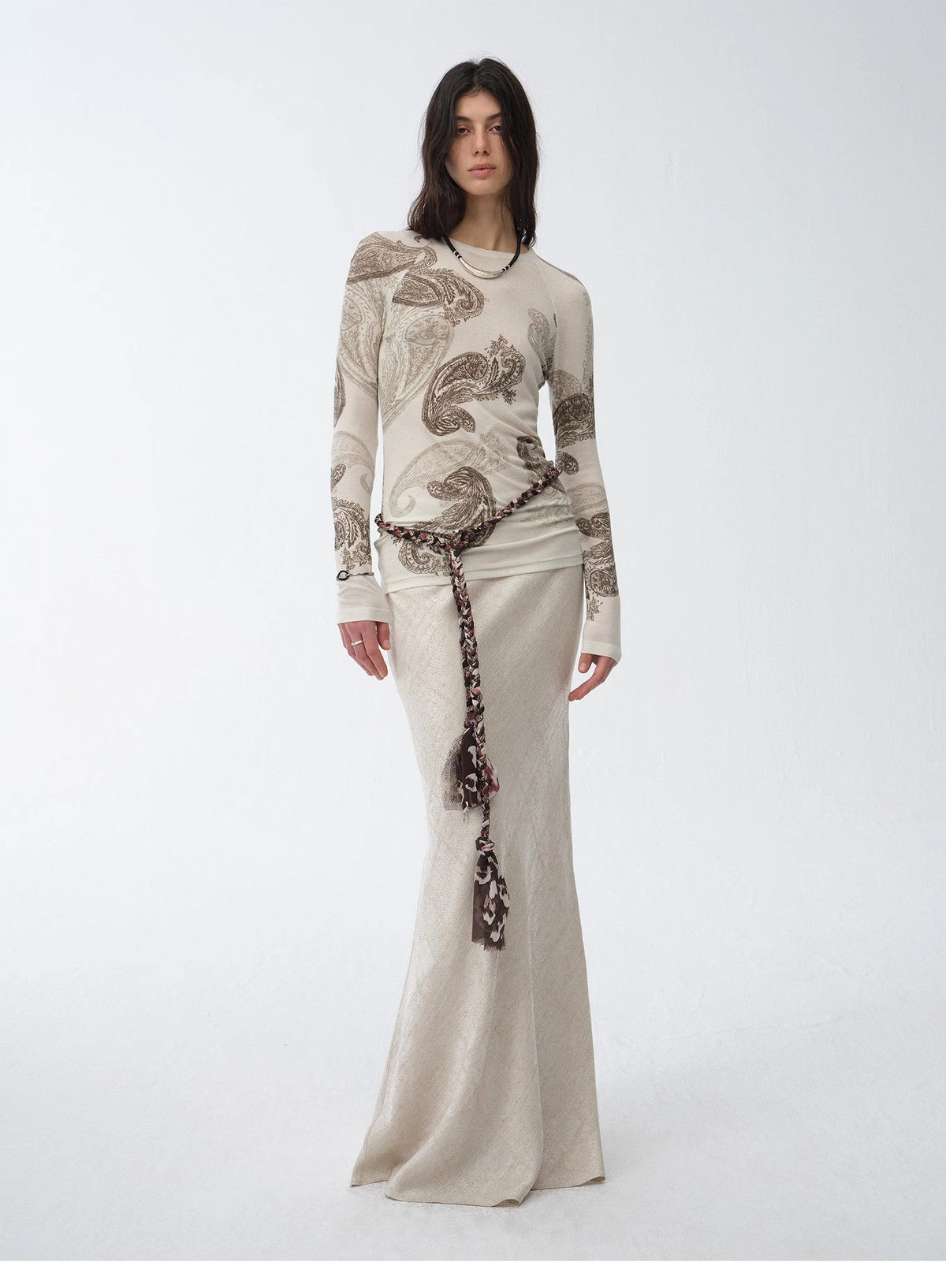 Tencel Wool Original Cashew Print Round Neck Slim Long Sleeve and Skirt"Vintage Gene"