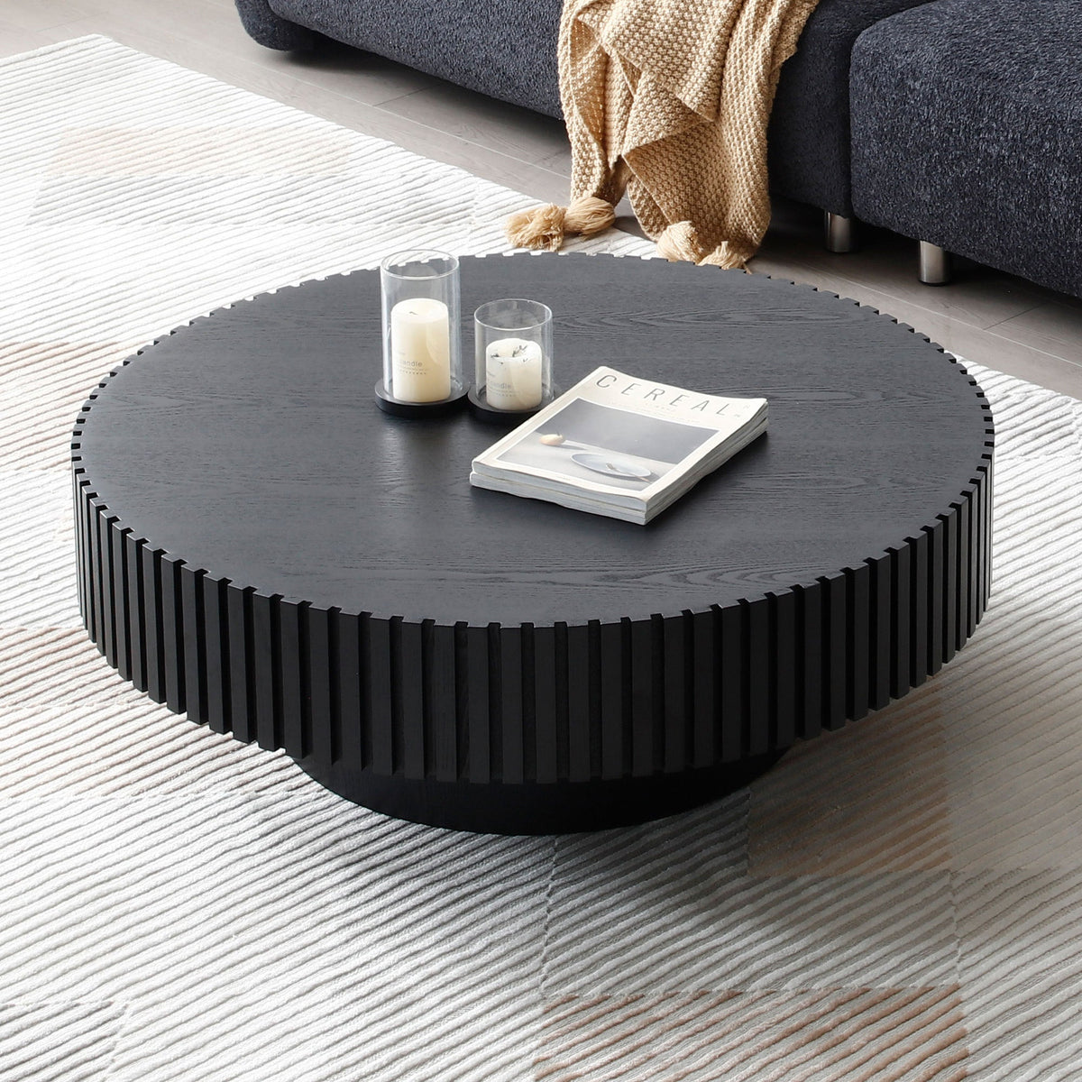 BLACK MDF Coffee Table 39.37inch Modern Handcraft Drum Coffee Table Round Wood Coffee Table for Living Room, Apartment