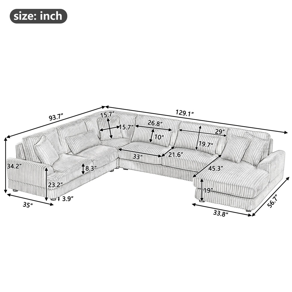 129" Oversized Sectional Sofa U-Shaped Sofa Couch Modern Sofa Upholstered in Soft Corduroy With a Chaise Lounge for Livi