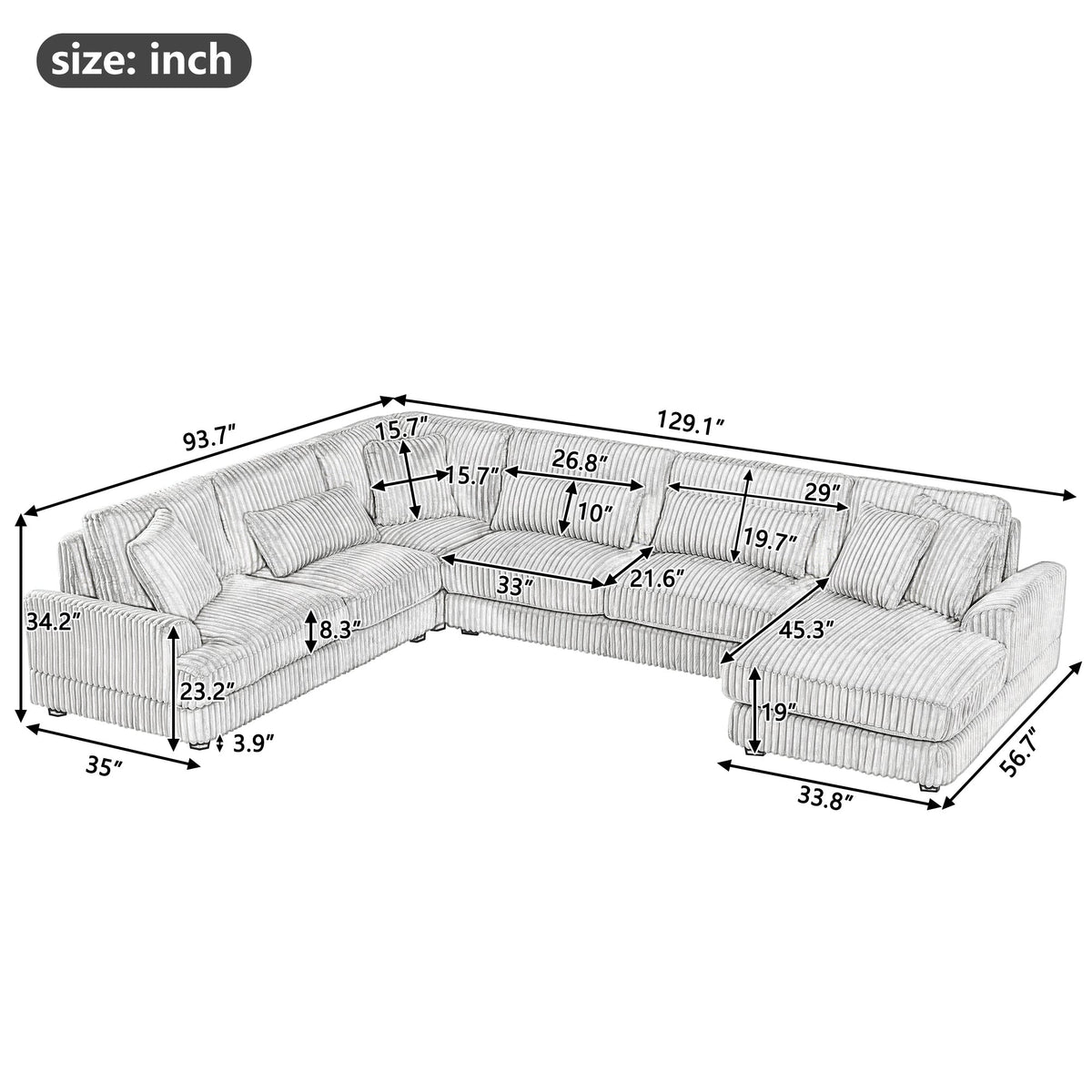129" Oversized Sectional Sofa U-Shaped Sofa Couch Modern Sofa Upholstered in Soft Corduroy With a Chaise Lounge for Livi
