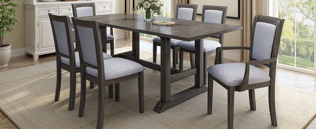 7-Piece Updated 76.9inch Extendable Trestle Dining Table Set With Removable Leaf, Kitchen Table Set With Upholstered Sid