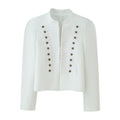 Embroidered knot button decoration long sleeved stand up collar jacket for women