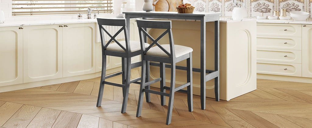 Farmhouse 48"Rectangular Wood Bar Height Dining Set Kitchen Breakfast Nook With 2 Chairs for Small Places,Gray