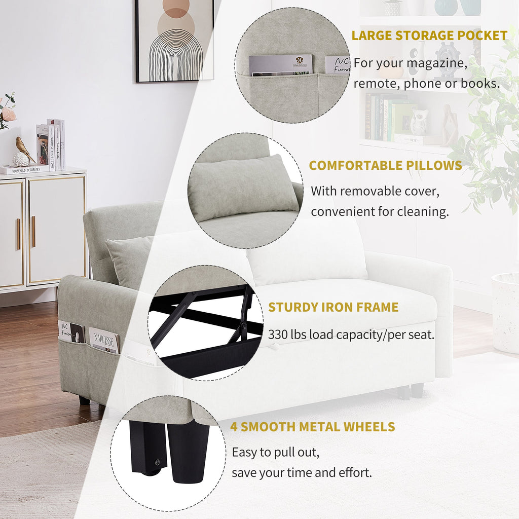 55.1" Pull Out Sleep Sofa Bed Loveseats Sofa Couch With Adjsutable Backrest, Storage Pockets, 2 Soft Pillows, USB Ports