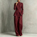 French-style Stand-collar Long-sleeve Waist-cinching Shirt Wide-leg Pants Set