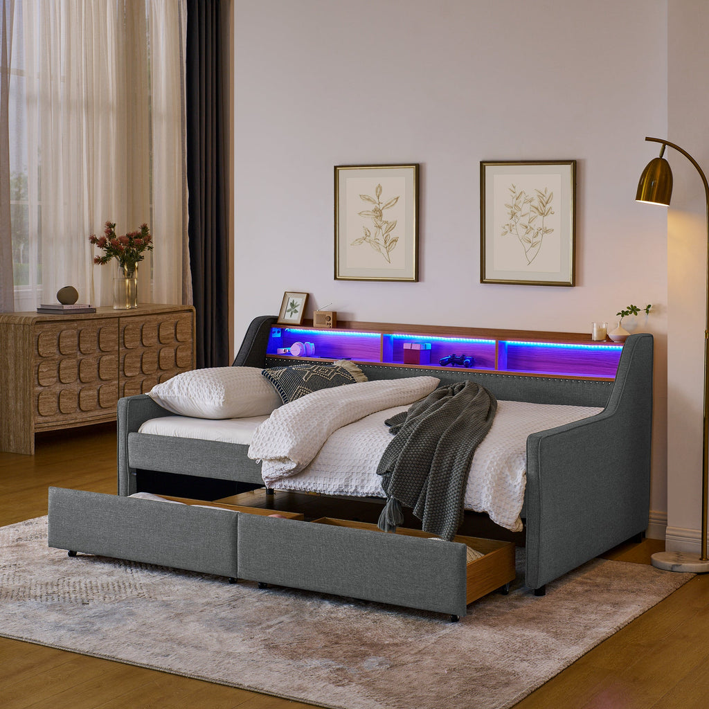 Twin Size Upholstery Sofa Bed With Three LED Lights, With Storage Adjustable Headboard, With Two Storage Pull Up Drawers