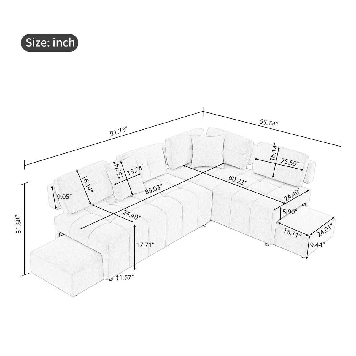 91.73" L-Shaped Sofa Sectional Sofa Couch With 2 Stools and 2 Lumbar Pillows for Living Room, Yellow