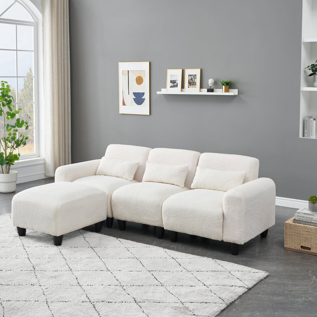 The 84.6-Inch Beige Teddy Fleece Creative Sofa Can Be Assembled Into a Two-Seater Sofa Plus a Single Couch With Three Wa
