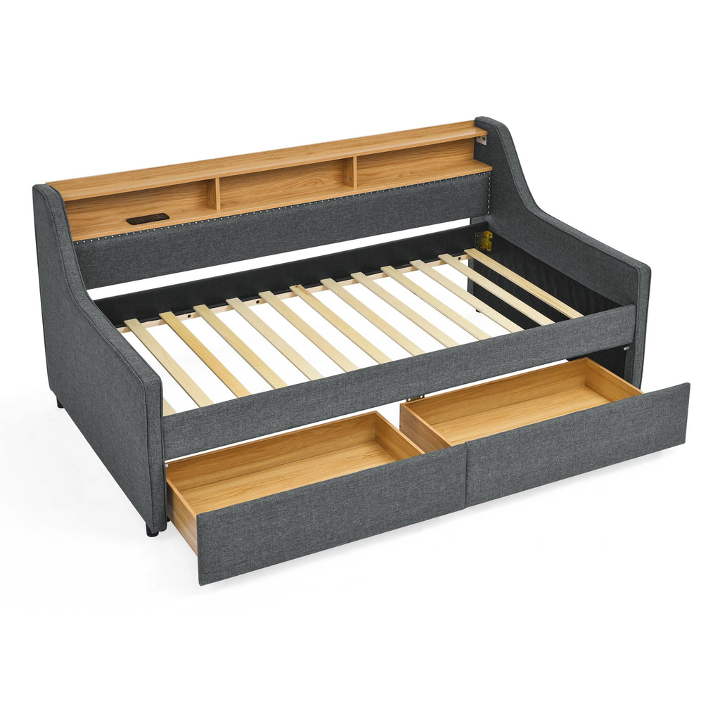 Twin Size Upholstery Sofa Bed With Three LED Lights, With Storage Adjustable Headboard, With Two Storage Pull Up Drawers