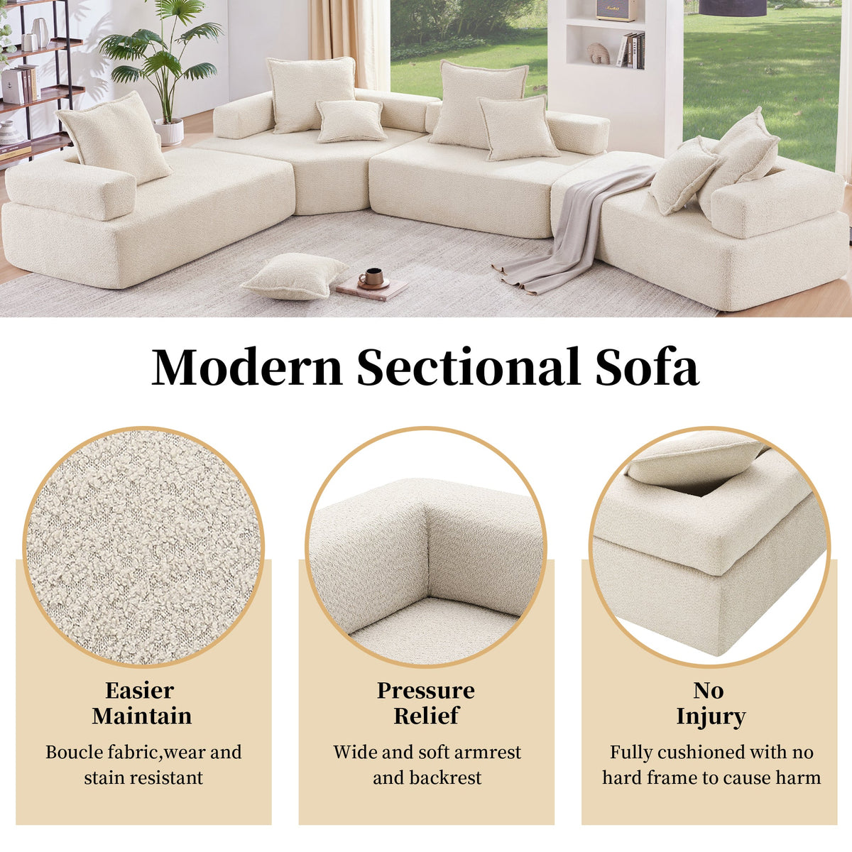 Estructura Lounge para sofá seccional modular en forma de U de gran tamaño, lujoso conjunto de sofá de suelo de bouclé, sofá cama convertible, espaci