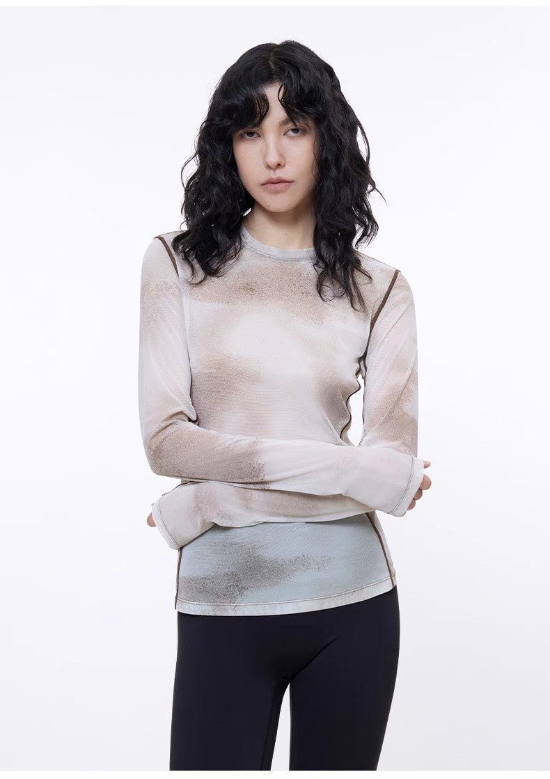 Smudge-Printed Mesh Slightly See-Through Long-Sleeved T-Shirt for Women