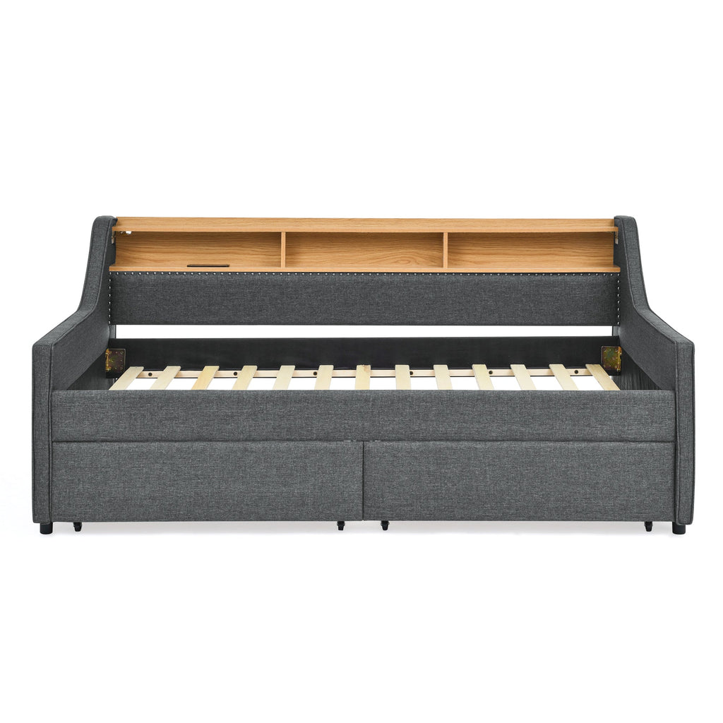 Twin Size Upholstery Sofa Bed With Three LED Lights, With Storage Adjustable Headboard, With Two Storage Pull Up Drawers