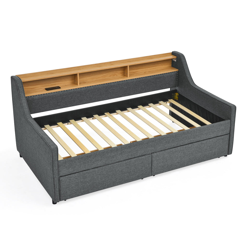 Twin Size Upholstery Sofa Bed With Three LED Lights, With Storage Adjustable Headboard, With Two Storage Pull Up Drawers