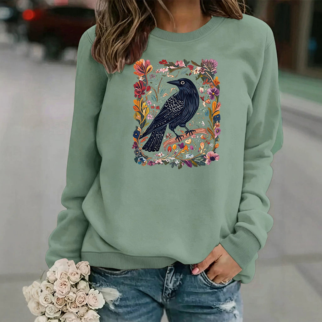 Crow print round neck fleece hoodie