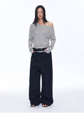 "Picasso Lines" Fashionable Off-Shoulder Lyocell Tencel Wool Blended Draped Patchwork Striped T-Shirt