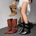 Chain-embellished Kitten-heeled Slim-fit Mid-calf Booties For Women