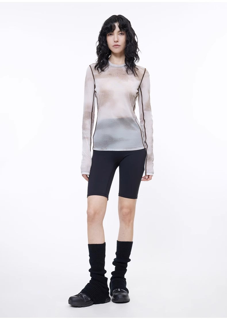 Smudge-Printed Mesh Slightly See-Through Long-Sleeved T-Shirt for Women