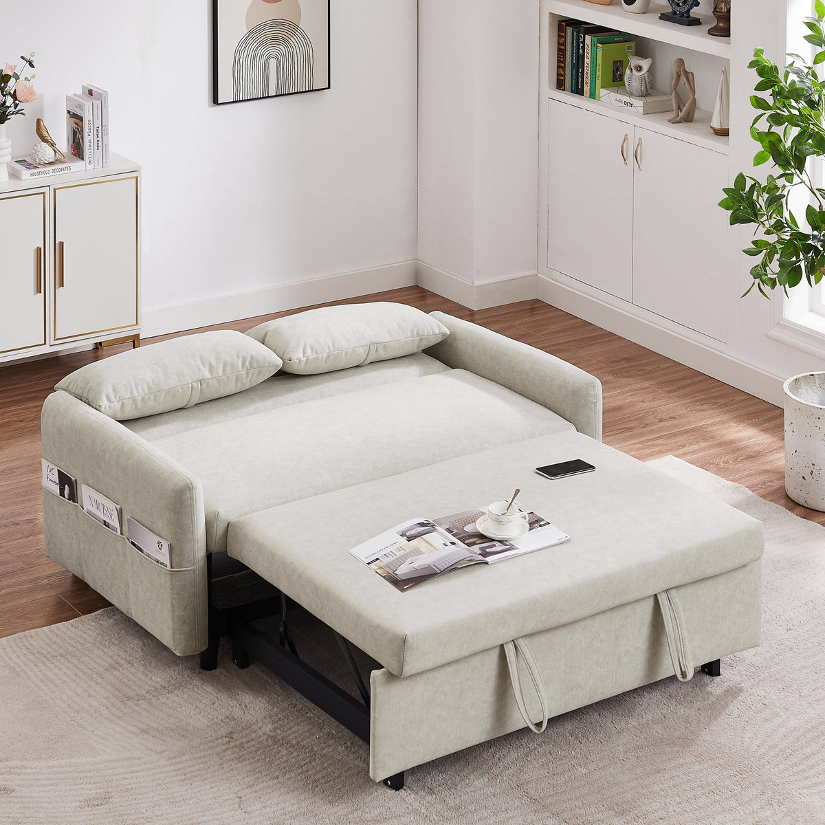 55.1" Pull Out Sleep Sofa Bed Loveseats Sofa Couch With Adjsutable Backrest, Storage Pockets, 2 Soft Pillows, USB Ports