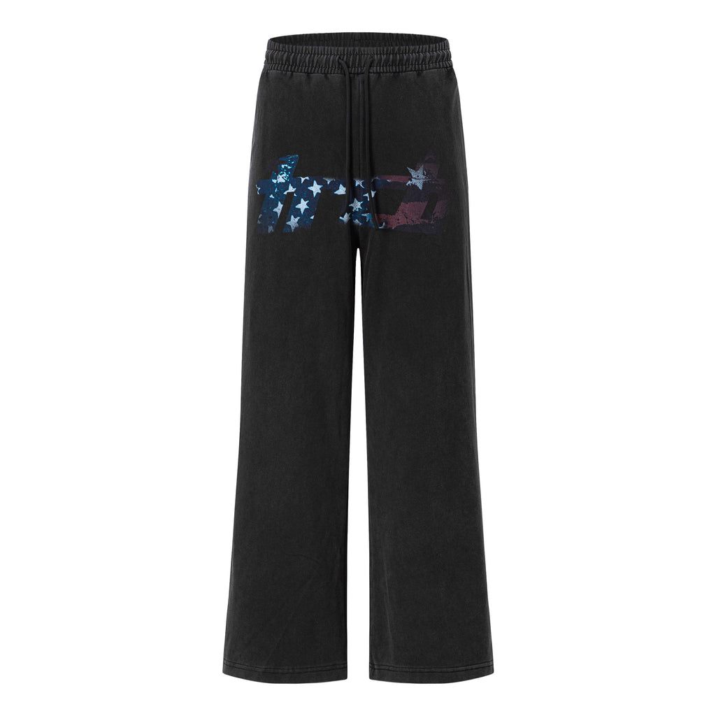Printed Distressed Wash Drawstring Wide Leg Sweatpants