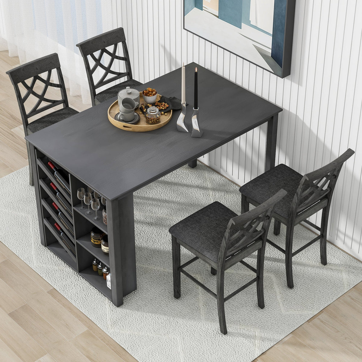Updated Counter Height 5-Piece Solid Wood Dining Table Set, 59*35.4Inch Table With Curved Wine Rack and 4 Upholstered Ch