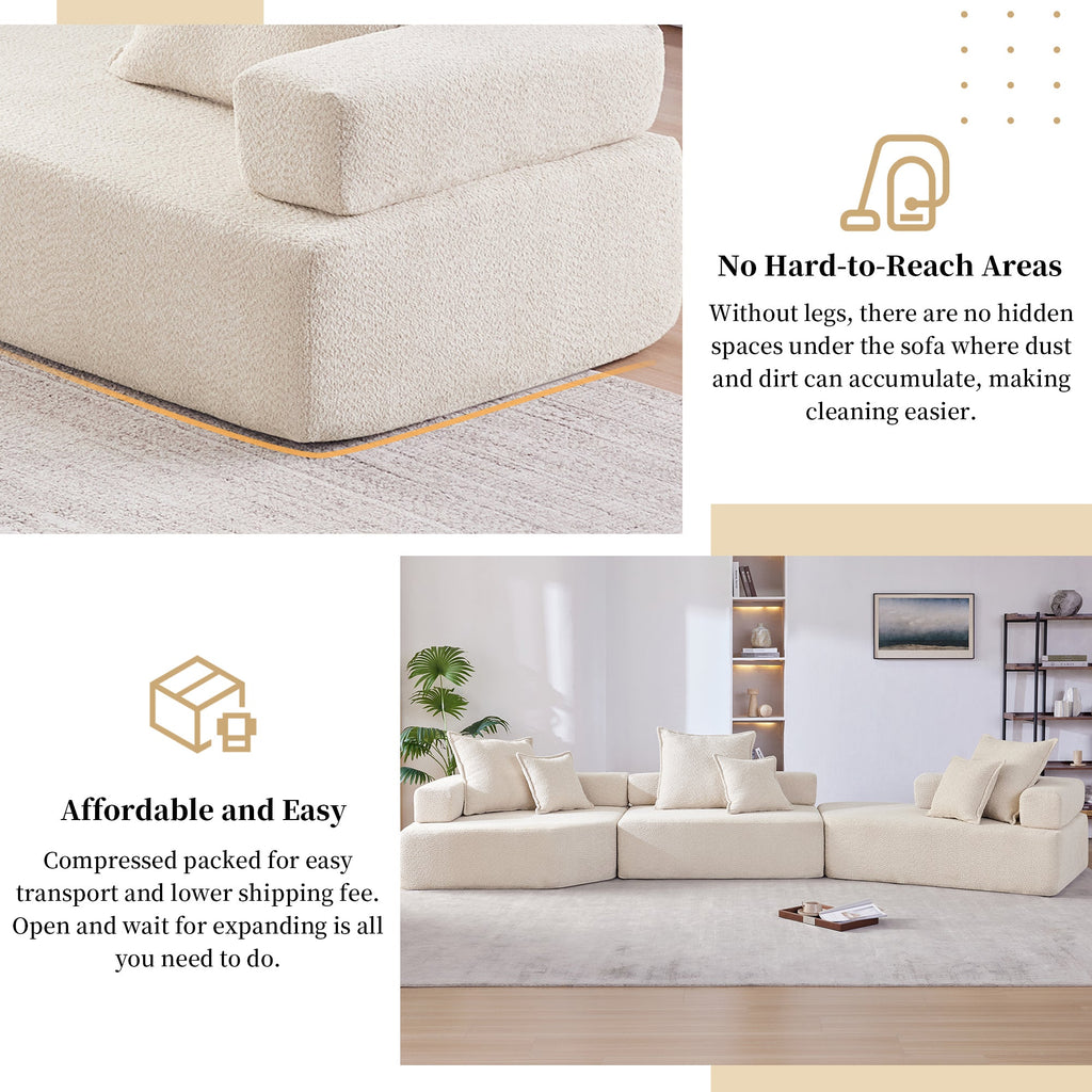 Sofá seccional modular de gran tamaño, lujoso conjunto de sofá de suelo de bouclé, sofá cama convertible, espacioso sofá cama relleno de espuma