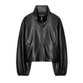 Pocket zipper stand up collar long sleeved leather jacket for women