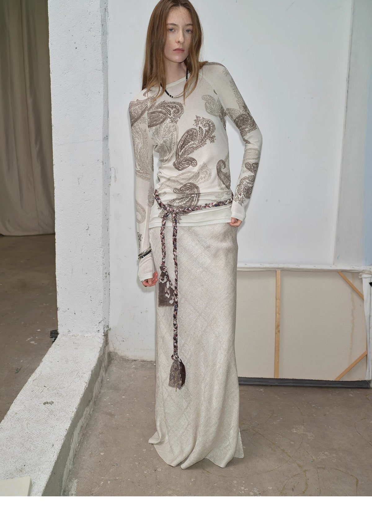 Tencel Wool Original Cashew Print Round Neck Slim Long Sleeve and Skirt"Vintage Gene"
